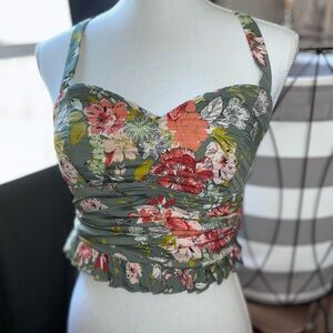 Nu Collective Olive Green Floral Ruched Sweetheart Crop Top